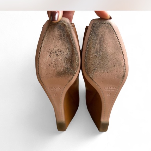Pradal Leather Camel Tan Square Peep Toe Wedges Size 37 or US 7 - Picture 6 of 10